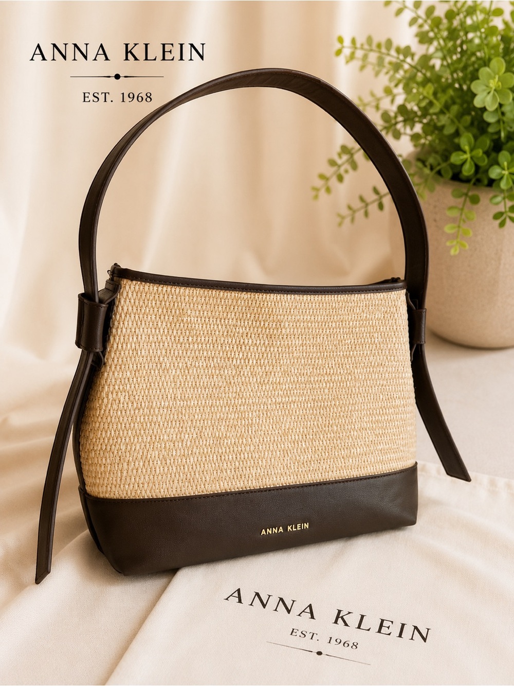 anne klein woven straw shoulder bag brown hobo purse
